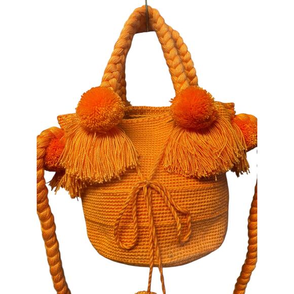 Sensi Studio Orange Shoulder Tote Bag Pom Pom Tassel Woven Picnic Vacation - Picture 2 of 7